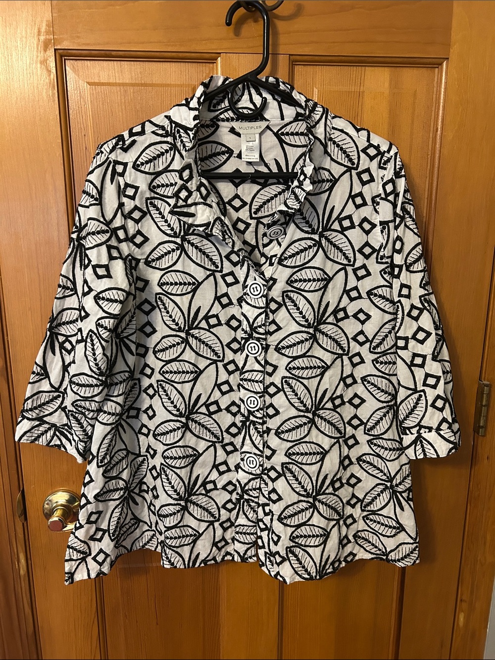 Multiples Black and White Leaf-Print Embroidered Button Front Shirt